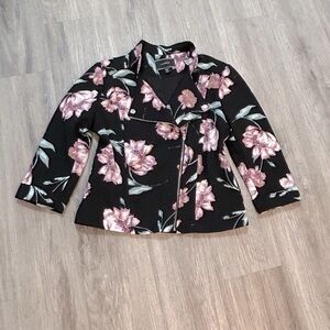 Le Château Pretty Black Jacket with Pink Floral Pattern. Biker style. Pockets